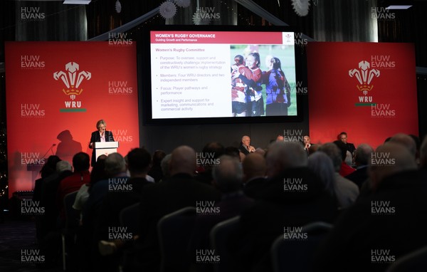301125 - Welsh Rugby Union AGM, Vale Hotel - Welsh Rugby Union board member and Chair of the Women's Rugby Committee Amanda Bennett addresses delegates at the AGM
