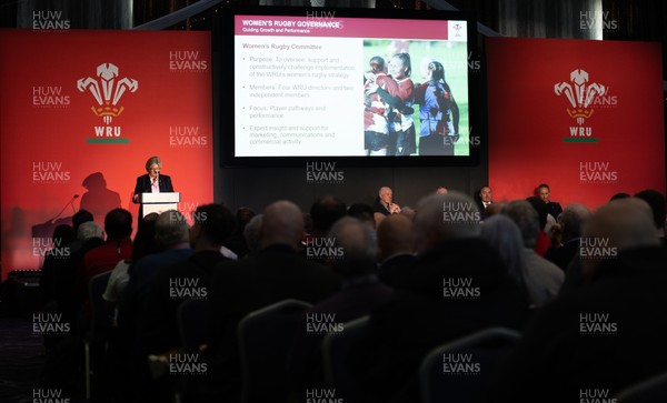 301125 - Welsh Rugby Union AGM, Vale Hotel - Welsh Rugby Union board member and Chair of the Women's Rugby Committee Amanda Bennett addresses delegates at the AGM