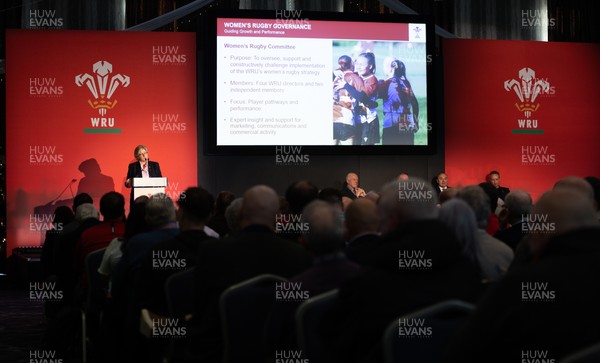 301125 - Welsh Rugby Union AGM, Vale Hotel - Welsh Rugby Union board member and Chair of the Women's Rugby Committee Amanda Bennett addresses delegates at the AGM