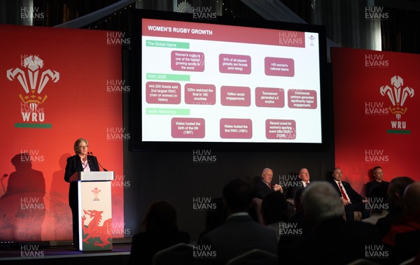 301125 - Welsh Rugby Union AGM, Vale Hotel - Welsh Rugby Union board member and Chair of the Women's Rugby Committee Amanda Bennett addresses delegates at the AGM