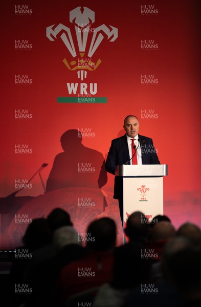 301125 - Welsh Rugby Union AGM, Vale Hotel - Welsh Rugby Union Chief Commercial Officer Leighton Davies addresses delegates at the AGM