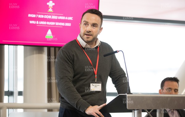 160222 - WRU and Urdd Rugby Sevens 2022 Launch, Principality Stadium - Rhys Williams speaking at the launch event at the Principality Stadium for the WRU and Urdd Rugby Sevens 2022 tournament