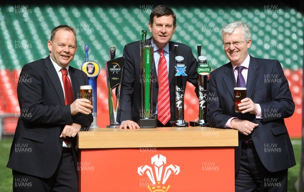 200312 - WRU Partnership Announcement with Heineken and Brains -(L-R) Managing Director UK On Trade at Heineken Lawson Mountstevens, WRU Group Chief Executive Roger Lewis and Chief Executive at Brains Scott Waddington