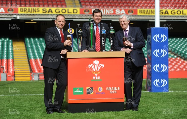 200312 - WRU Partnership Announcement with Heineken and Brains -(L-R) Managing Director UK On Trade at Heineken Lawson Mountstevens, WRU Group Chief Executive Roger Lewis and Chief Executive at Brains Scott Waddington