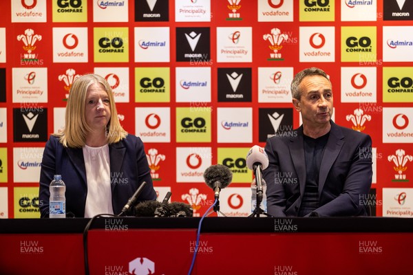 250425 - Picture shows WRU Chief Executive Abi Tierney and newly appointment Dave Reddin Director of Rugby and Elite Performance speaking to the media at the Principality Stadium
