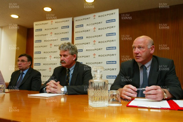 090703 - WRU Centre of Excellence Press Conference, Bridgend - David Moffett, Chief Executive of the WRU (left), with Jeff Jones, Leader of Bridgend County Borough Council, and Terry Cobner at the press conference for the new WRU Centre of Excellence