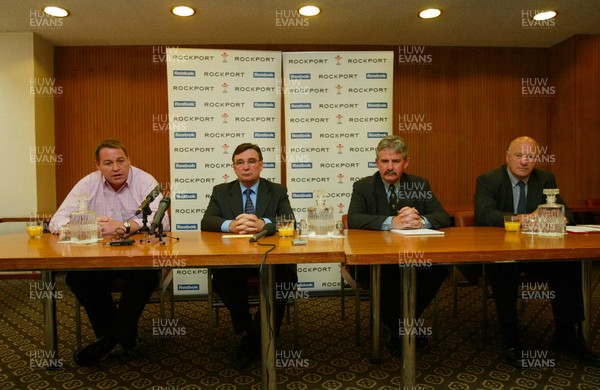 090703 - WRU Centre of Excellence Press Conference, Bridgend - (l-r) Steve Hansen, Wales coach,  David Moffett, Chief Executive of the WRU, Jeff Jones, Leader of Bridgend County Borough Council, and Terry Cobner at the press conference for the new WRU Centre of Excellence