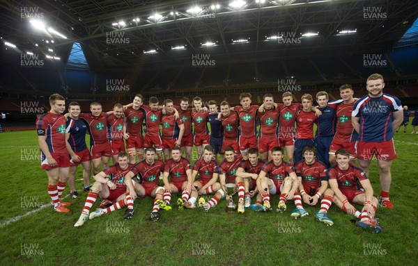 300414 - Coleg y Cymoedd v Coleg Sir Gar, WRU Colleges Final - Coleg Sir Gar celebrate after winning the WRU Colleges Final