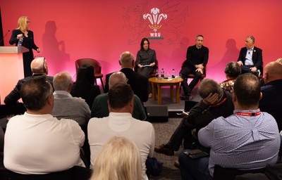 130426 - Welsh Rugby Union EGM - Abi Tierney, WRU Group Chief Executive Officer, Lydia Stirling, WRU Chief People Officer, Dave Reddin, WRU Director of Rugby and Elite Performance and Geraint John, WRU Community Director take questions during the Extraordinary General Meeting held at the Principality Stadium