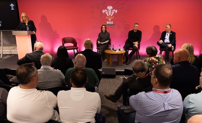 130426 - Welsh Rugby Union EGM - Abi Tierney, WRU Group Chief Executive Officer, Lydia Stirling, WRU Chief People Officer, Dave Reddin, WRU Director of Rugby and Elite Performance and Geraint John, WRU Community Director take questions during the Extraordinary General Meeting held at the Principality Stadium