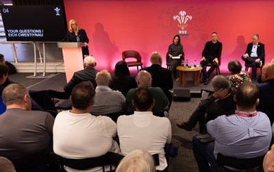 130426 - Welsh Rugby Union EGM - Abi Tierney, WRU Group Chief Executive Officer, Lydia Stirling, WRU Chief People Officer, Dave Reddin, WRU Director of Rugby and Elite Performance and Geraint John, WRU Community Director take questions during the Extraordinary General Meeting held at the Principality Stadium