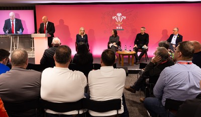 130426 - Welsh Rugby Union EGM - Left to right, Terry Cobner, WRU President, Abi Tierney, WRU Group Chief Executive Officer, Lydia Stirling, WRU Chief People Officer, Dave Reddin, WRU Director of Rugby and Elite Performance and Geraint John, WRU Community Director during the Extraordinary General Meeting held at the Principality Stadium