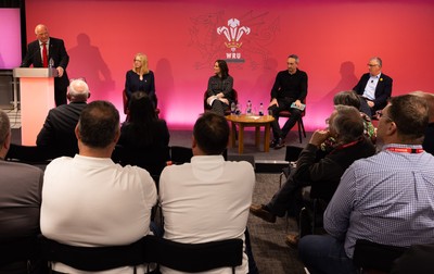 130426 - Welsh Rugby Union EGM - Left to right, Terry Cobner, WRU President, Abi Tierney, WRU Group Chief Executive Officer, Lydia Stirling, WRU Chief People Officer, Dave Reddin, WRU Director of Rugby and Elite Performance and Geraint John, WRU Community Director during the Extraordinary General Meeting held at the Principality Stadium