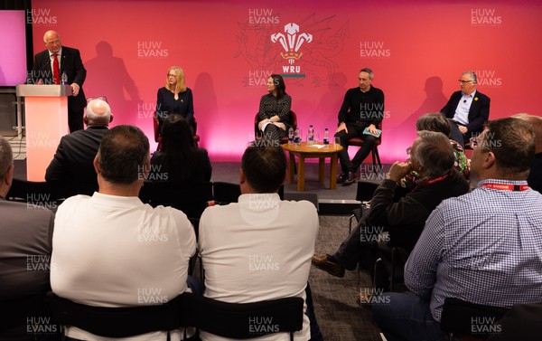 130426 - Welsh Rugby Union EGM - Left to right, Terry Cobner, WRU President, Abi Tierney, WRU Group Chief Executive Officer, Lydia Stirling, WRU Chief People Officer, Dave Reddin, WRU Director of Rugby and Elite Performance and Geraint John, WRU Community Director during the Extraordinary General Meeting held at the Principality Stadium