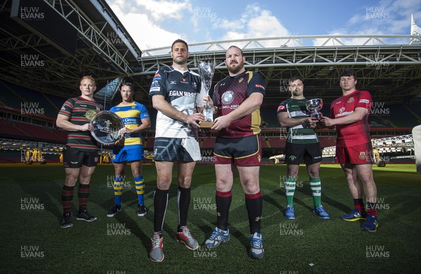 120417 - WRU Finals Day Media Preview - Plate - Ystalyfera's Steffan Jones and Penallta's Ross Morgan Cup - Pontypridd's Chris Dicomidis and RGC 1404's Phil John Bowl - Caerphilly's Gareth England and Amman United's Sean Mangan