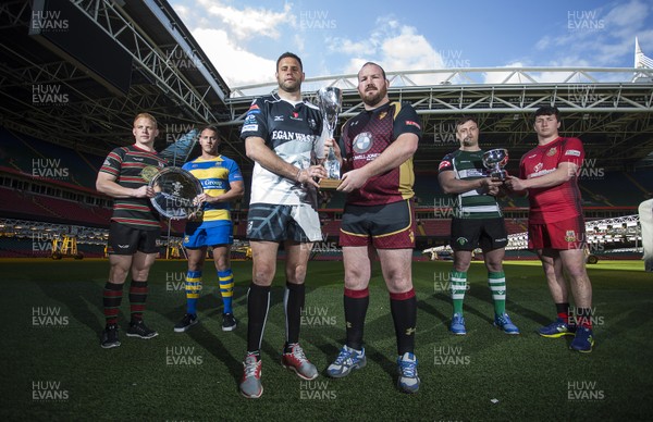 120417 - WRU Finals Day Media Preview - Plate - Ystalyfera's Steffan Jones and Penallta's Ross Morgan Cup - Pontypridd's Chris Dicomidis and RGC 1404's Phil John Bowl - Caerphilly's Gareth England and Amman United's Sean Mangan