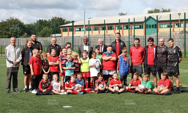 300823 - WRU Fit, Fed and Fun camp at Cardiff West High School - Welsh First Minister Mark Drakeford and  WRU interim CEO Nigel Walker join WRU Community staff and children  at the Fit,Fed and Fun camp