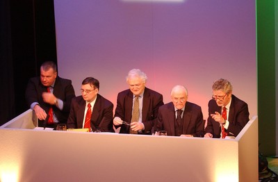 230203 - WRU Meeting, Port Talbot - (L-R) Guy Williams, David Moffett, Glanmor Griffiths, Sir Tasker Watkins and Martyn Rees