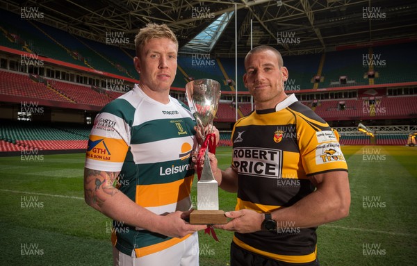 250418 - WRU National Finals Day Photocall - Craig Locke, left, of Merthyr, and Rhys Jenkins of Newport who will meet in the WRU National Cup Final on the 29th of April 2018