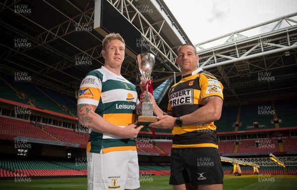 250418 - WRU National Finals Day Photocall - Craig Locke, left, of Merthyr, and Rhys Jenkins of Newport who will meet in the WRU National Cup Final on the 29th of April 2018