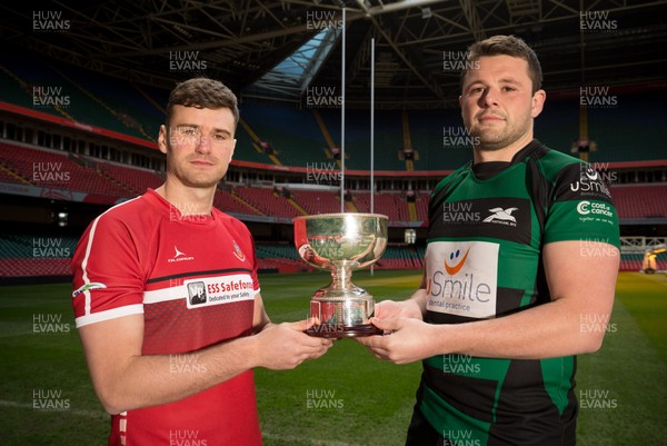 250418 - WRU National Finals Day Photocall - Scott Powell, left, of Pembroke, and Richard Hnyda of Porthcawl who will meet in the WRU National Bowl Final on the 29th of April 2018