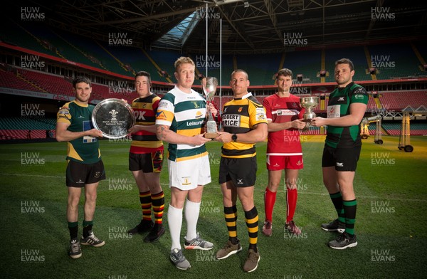 250418 - WRU National Finals Day Photocall - Left to right, Ifan Jones of Nant Conwy and Luke Rees of Brynmawr whose teams will meet in the WRU National Plate Final; Craig Locke of Merthyr and Rhys Jenkins of Newport whose teams will meet in the WRU National Cup Final; and Scott Powell of Pembroke and Richard Hnyda of Porthcawl who will meet in the WRU National Bowl Final at the Principality Stadium on the 29th April 2018