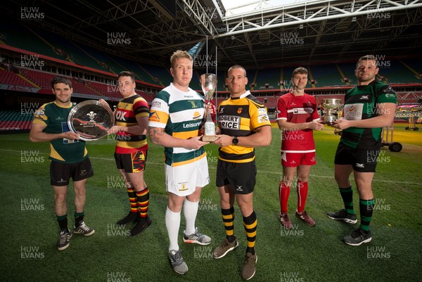 250418 - WRU National Finals Day Photocall - Left to right, Ifan Jones of Nant Conwy and Luke Rees of Brynmawr whose teams will meet in the WRU National Plate Final; Craig Locke of Merthyr and Rhys Jenkins of Newport whose teams will meet in the WRU National Cup Final; and Scott Powell of Pembroke and Richard Hnyda of Porthcawl who will meet in the WRU National Bowl Final at the Principality Stadium on the 29th April 2018
