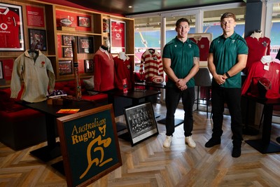 300926 - National Sporting Heritage Day WRU - Picture shows Josh Adams (left) and Alex Mann at the WRU National Sporting Heritage Day Event at the Principality Stadium in Cardiff, Wales