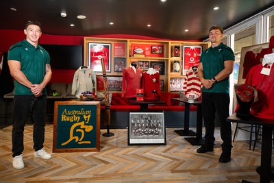 300926 - National Sporting Heritage Day WRU - Picture shows Josh Adams (left) and Alex Mann at the WRU National Sporting Heritage Day Event at the Principality Stadium in Cardiff, Wales