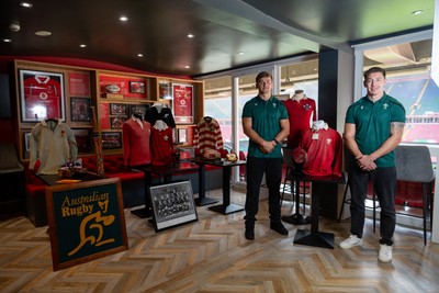 300926 - National Sporting Heritage Day WRU - Picture shows Alex Mann (left) and Josh Adams at the WRU National Sporting Heritage Day Event at the Principality Stadium in Cardiff, Wales
