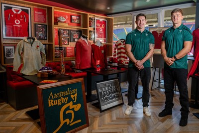 300926 - National Sporting Heritage Day WRU - Picture shows Josh Adams (left) and Alex Mann at the WRU National Sporting Heritage Day Event at the Principality Stadium in Cardiff, Wales