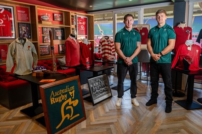 300926 - National Sporting Heritage Day WRU - Picture shows Josh Adams (left) and Alex Mann at the WRU National Sporting Heritage Day Event at the Principality Stadium in Cardiff, Wales
