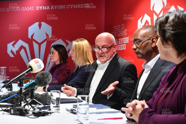 141123 - Welsh Rugby Union Press Conference - WRU Group's Head of People Lydia Stirling, incoming Group CEO Abi Tierney (who joins in January 2024), Welsh Rugby Union chair Richard Collier-Keywood, interim CEO Nigel Walker and WRU Board Member Alison Thorne 