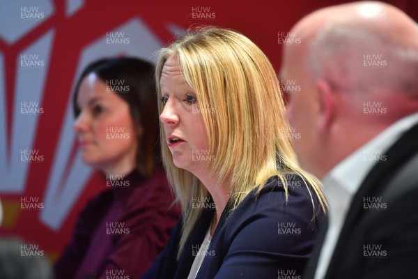 141123 - Welsh Rugby Union Press Conference - WRU Group's Head of People Lydia Stirling, incoming Group CEO Abi Tierney (who joins in January 2024) and Welsh Rugby Union chair Richard Collier-Keywood