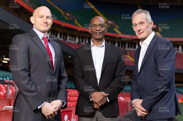 141223 - Welsh Rugby Union Press Conference - WRU interim CEO Nigel Walker, centre, with new Wales senior men's assistant coach Rob Howley, right, and new Wales U20s head coach Richard Whiffin
