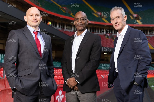 141223 - Welsh Rugby Union Press Conference - WRU interim CEO Nigel Walker, centre, with new Wales senior men's assistant coach Rob Howley, right, and new Wales U20s head coach Richard Whiffin