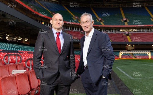 141223 - Welsh Rugby Union Press Conference - New Wales U20s head coach Richard Whiffin, left with new Wales senior men's assistant coach Rob Howley, after a press conference to announce the new coaching appointments