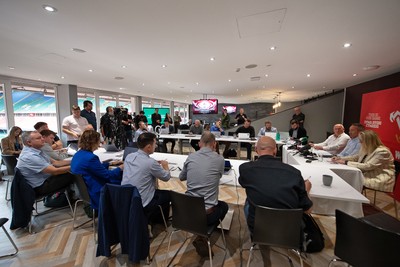 200825 - WRU Press Conference - Picture shows a general view of a press conference at the Principality Stadium in Cardiff, South Wales discussing the future of Elite Rugby in Wales