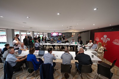 200825 - WRU Press Conference - Picture shows a general view of a press conference at the Principality Stadium in Cardiff, South Wales discussing the future of Elite Rugby in Wales