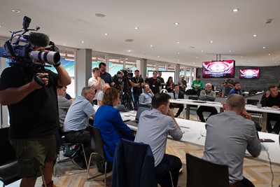 200825 - WRU Press Conference - Picture shows a general view of a press conference at the Principality Stadium in Cardiff, South Wales discussing the future of Elite Rugby in Wales