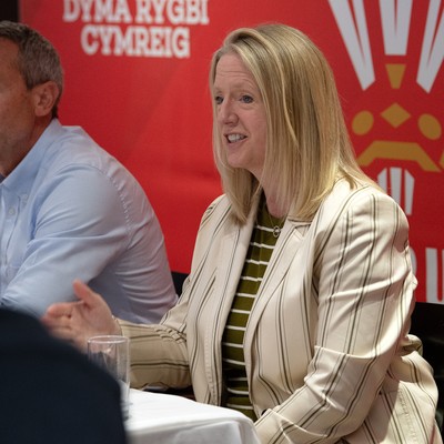 200825 - WRU Press Conference - Picture shows Abi Tierney, WRU Chief Executive, speaking at a press conference at the Principality Stadium in Cardiff, South Wales discussing the future of Elite Rugby in Wales