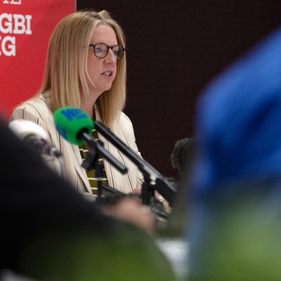 200825 - WRU Press Conference - Picture shows Abi Tierney, WRU Chief Executive, speaking at a press conference at the Principality Stadium in Cardiff, South Wales discussing the future of Elite Rugby in Wales