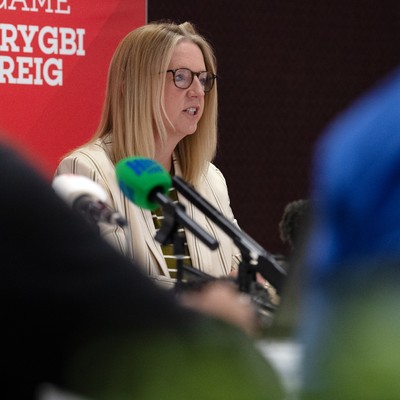 200825 - WRU Press Conference - Picture shows Abi Tierney, WRU Chief Executive, speaking at a press conference at the Principality Stadium in Cardiff, South Wales discussing the future of Elite Rugby in Wales