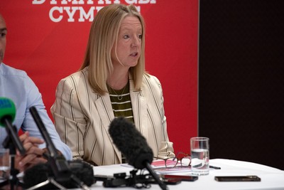 200825 - WRU Press Conference - Picture shows Abi Tierney, WRU Chief Executive, speaking at a press conference at the Principality Stadium in Cardiff, South Wales discussing the future of Elite Rugby in Wales