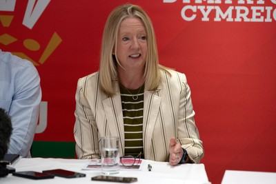 200825 - WRU Press Conference - Picture shows Abi Tierney, WRU Chief Executive, speaking at a press conference at the Principality Stadium in Cardiff, South Wales discussing the future of Elite Rugby in Wales