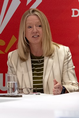 200825 - WRU Press Conference - Picture shows Abi Tierney, WRU Chief Executive, speaking at a press conference at the Principality Stadium in Cardiff, South Wales discussing the future of Elite Rugby in Wales