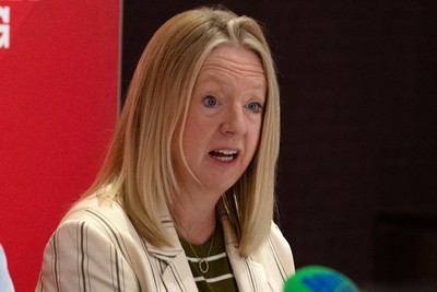 200825 - WRU Press Conference - Picture shows Abi Tierney, WRU Chief Executive, speaking at a press conference at the Principality Stadium in Cardiff, South Wales discussing the future of Elite Rugby in Wales
