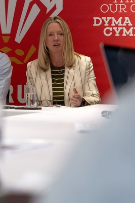 200825 - WRU Press Conference - Picture shows Abi Tierney, WRU Chief Executive, speaking at a press conference at the Principality Stadium in Cardiff, South Wales discussing the future of Elite Rugby in Wales