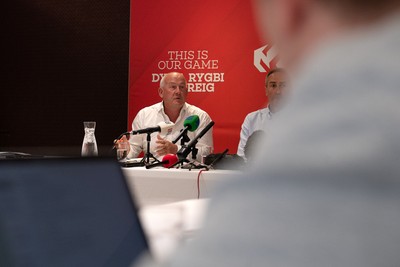 200825 - WRU Press Conference - Picture shows Richard Collier-Keywood, WRU Chairman, speaking at a press conference at the Principality Stadium in Cardiff, South Wales discussing the future of Elite Rugby in Wales