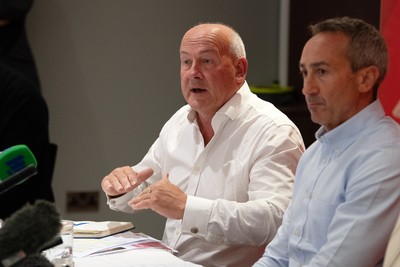 200825 - WRU Press Conference - Picture shows Richard Collier-Keywood, WRU Chairman, speaking at a press conference at the Principality Stadium in Cardiff, South Wales discussing the future of Elite Rugby in Wales